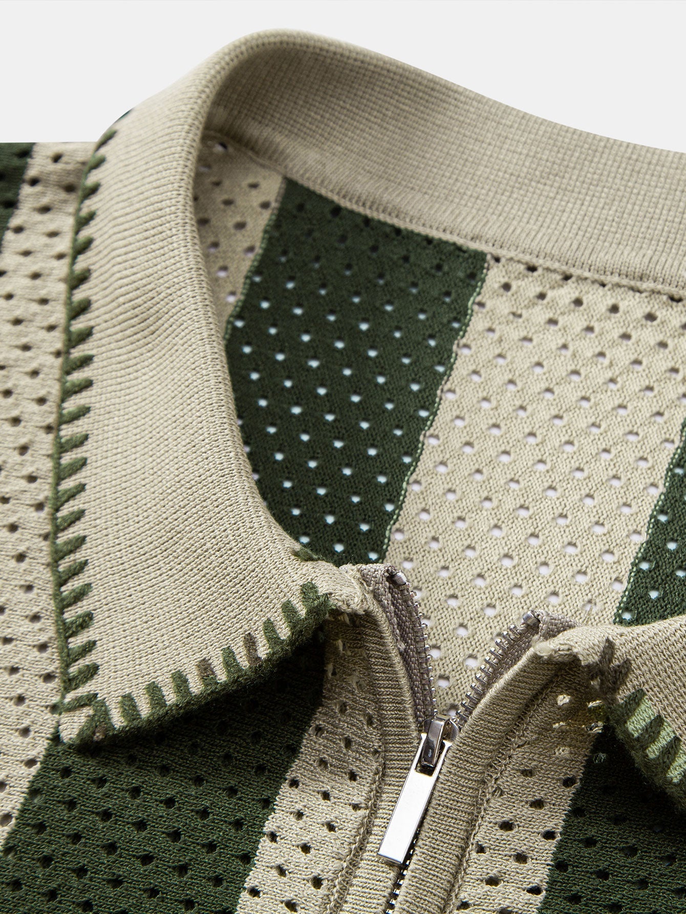 Striped Eyelet Knit Zip Up Polo Shirt