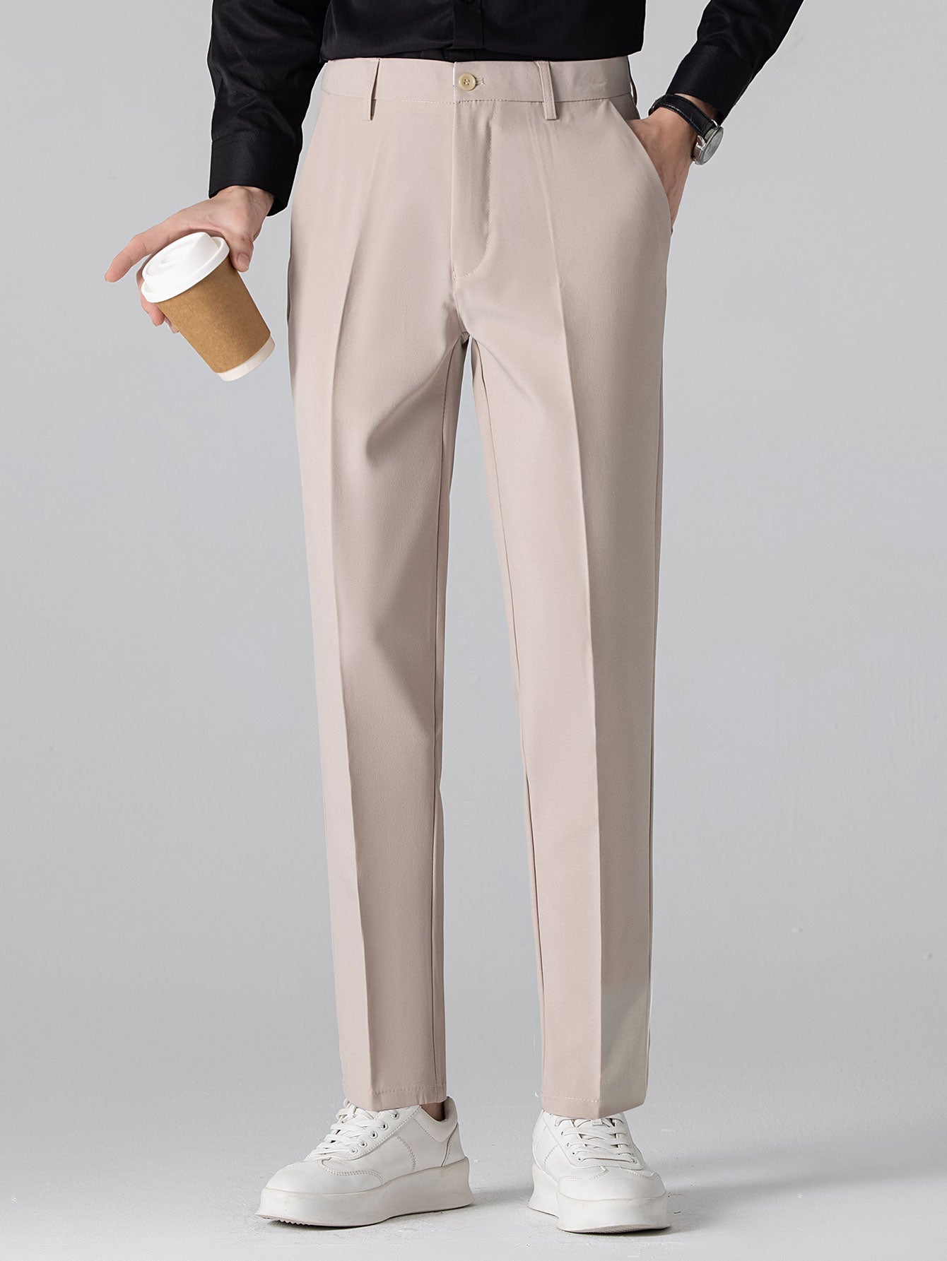 Texture Contrast Knitted V Neck Polo Shirt & Slim Fit Tapered Trousers