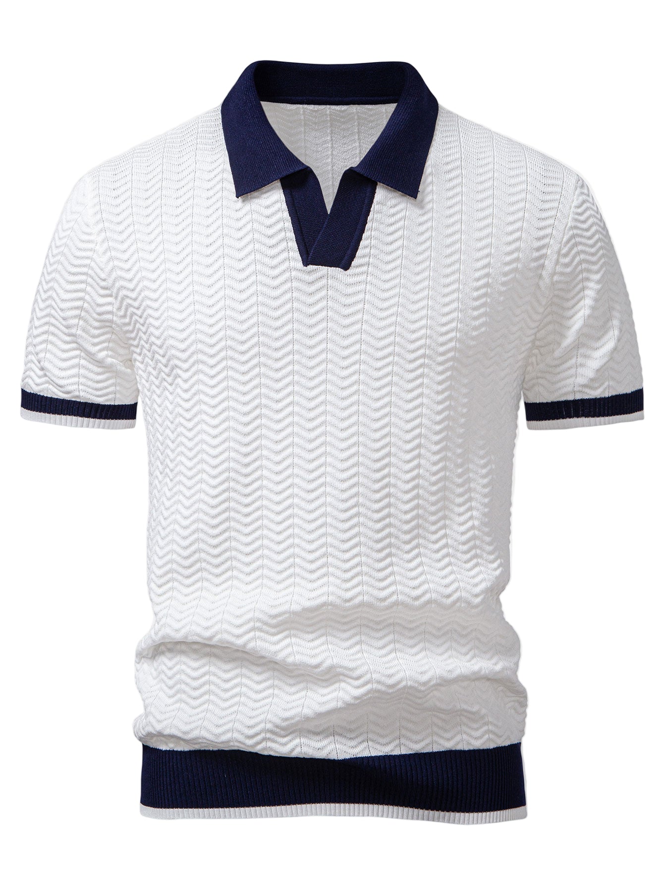 Texture Contrast Knitted V Neck Polo Shirt & Slim Fit Tapered Trousers