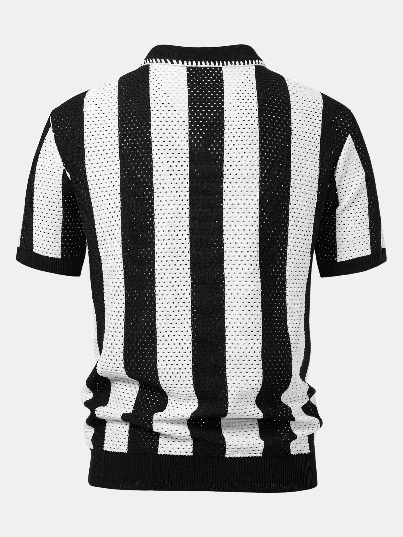 Striped Eyelet Knit Zip Up Polo Shirt