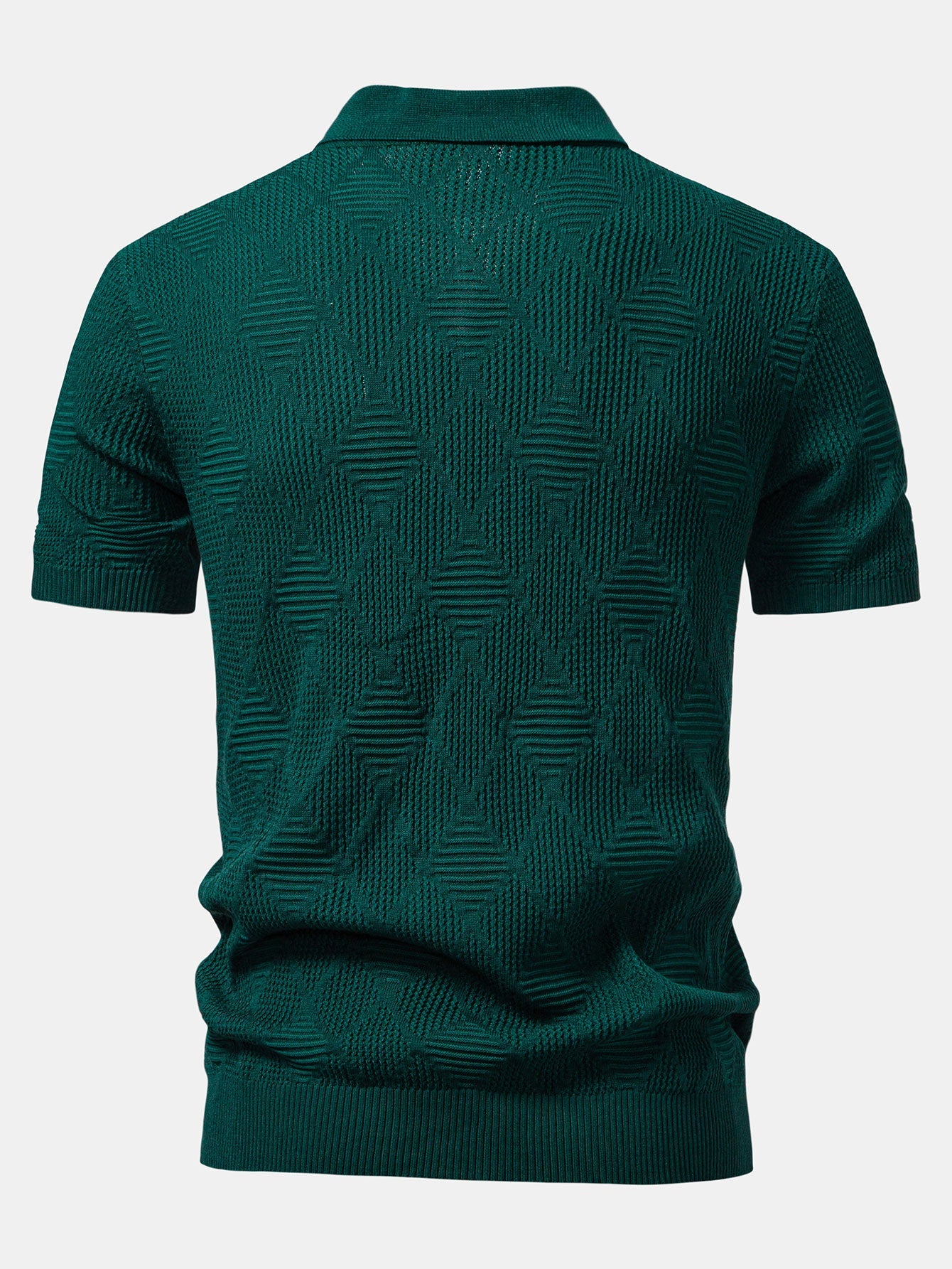 Rhombus Textured Zip Up Knitted Polo Shirt