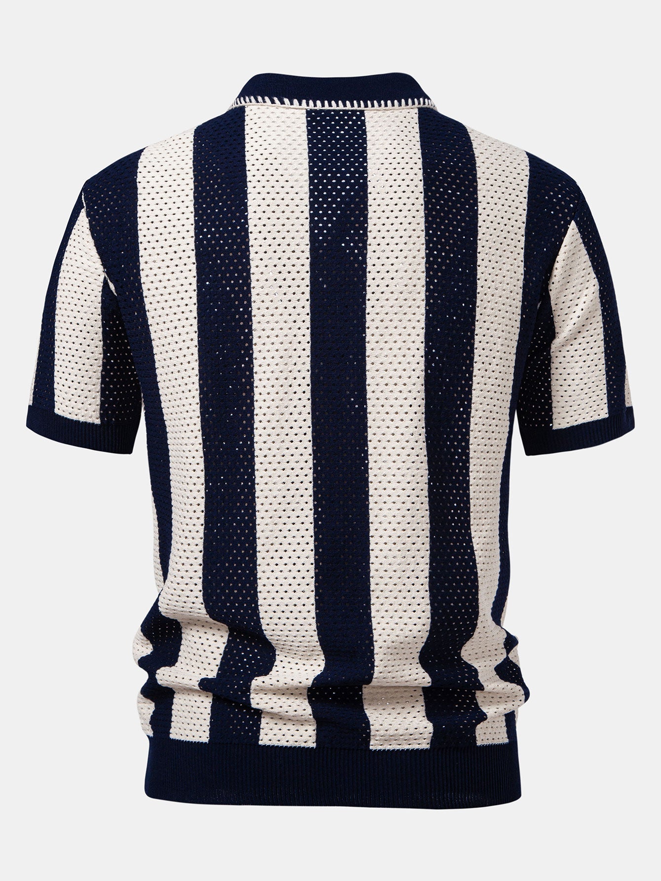 Striped Eyelet Knit Zip Up Polo Shirt