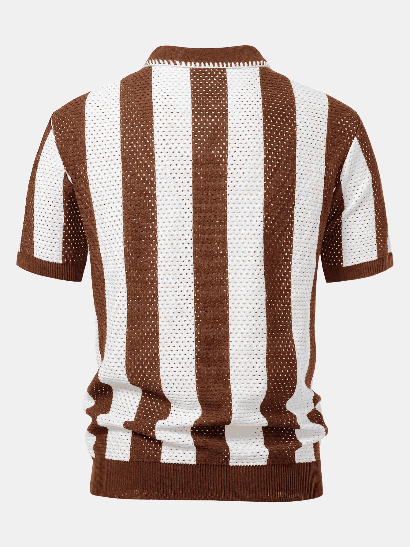 Striped Eyelet Knit Zip Up Polo Shirt