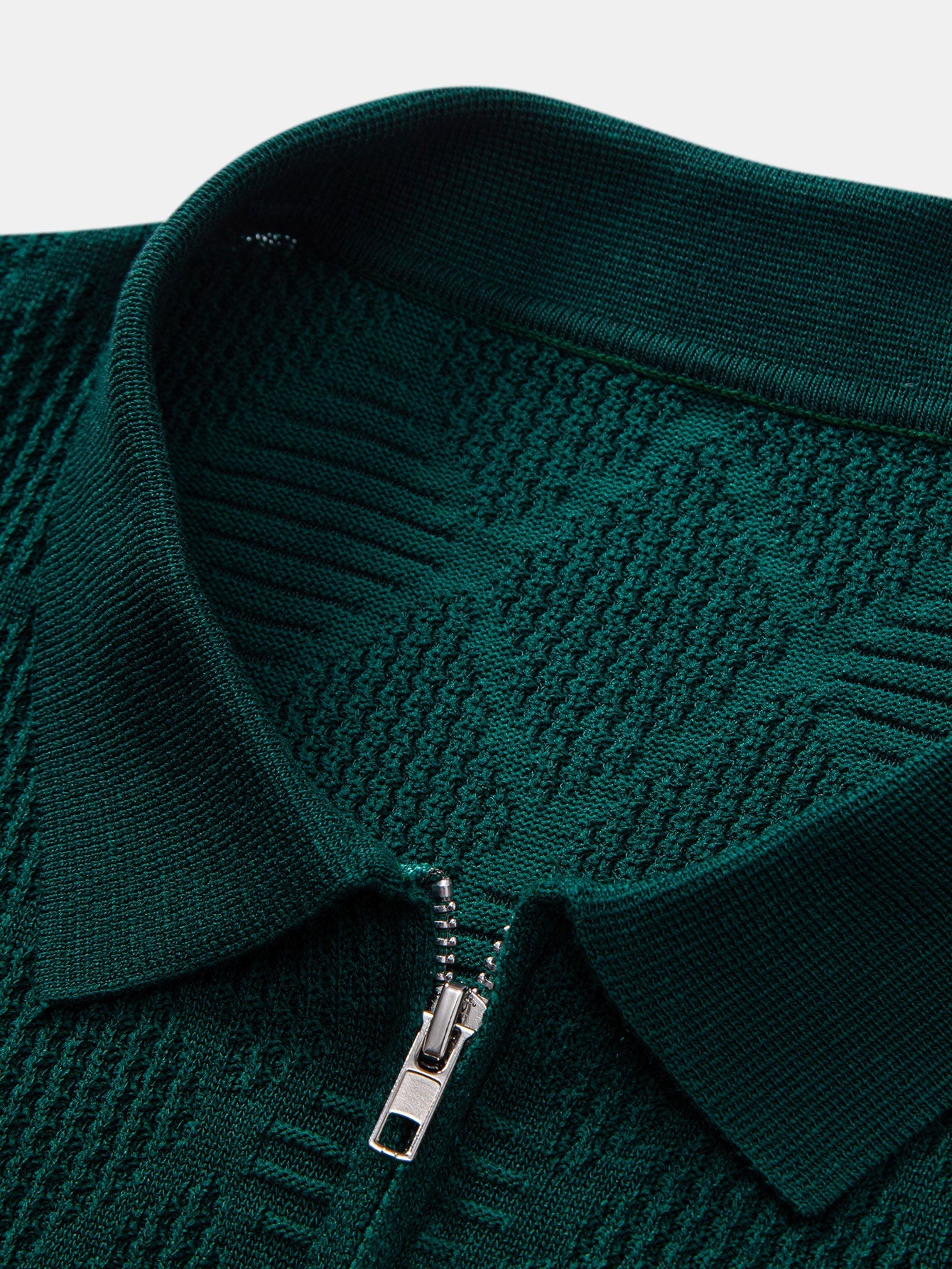 Rhombus Textured Zip Up Knitted Polo Shirt