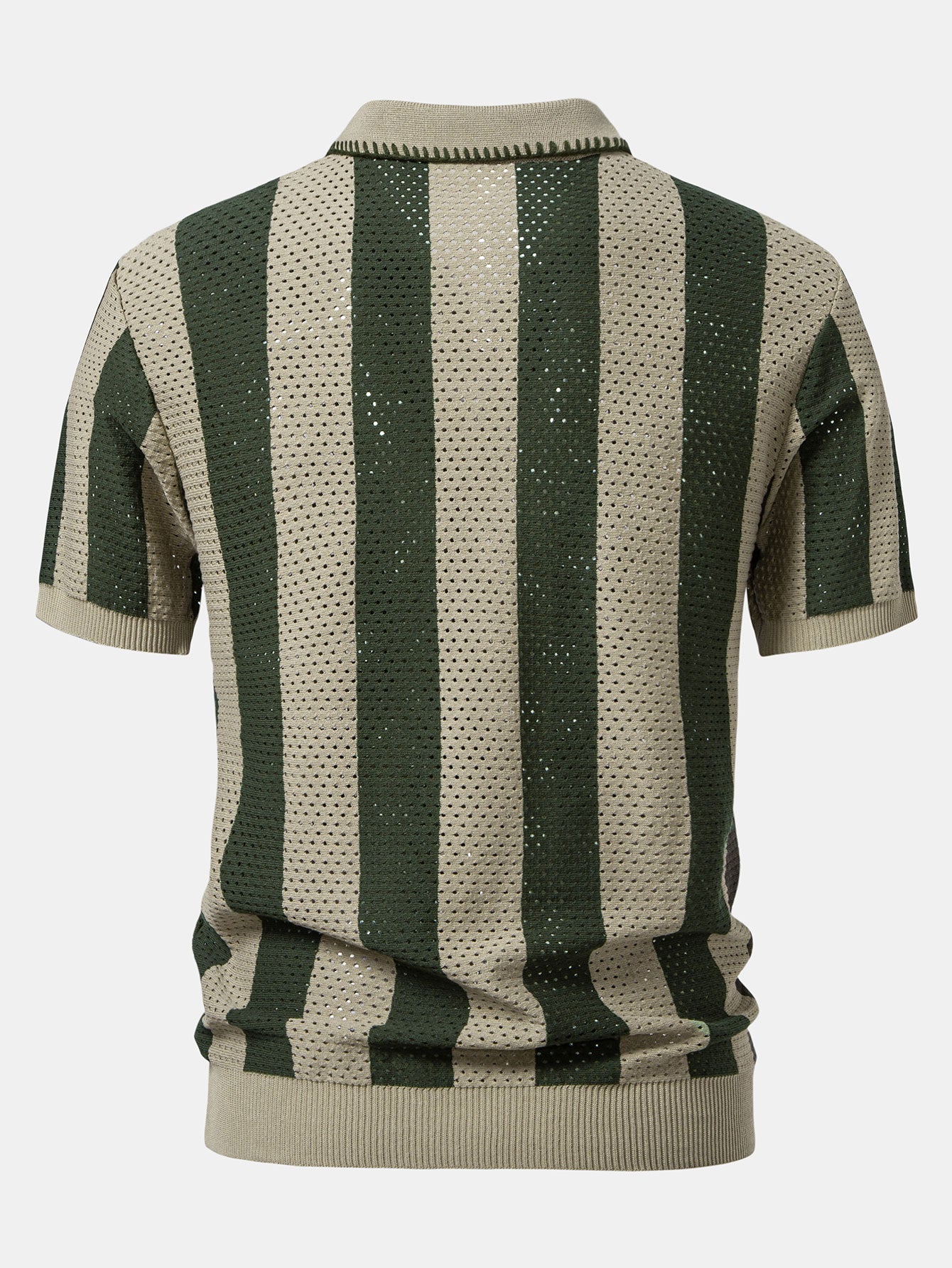 Striped Eyelet Knit Zip Up Polo Shirt