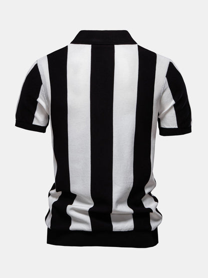 Striped Knit Zip Up Polo Shirt