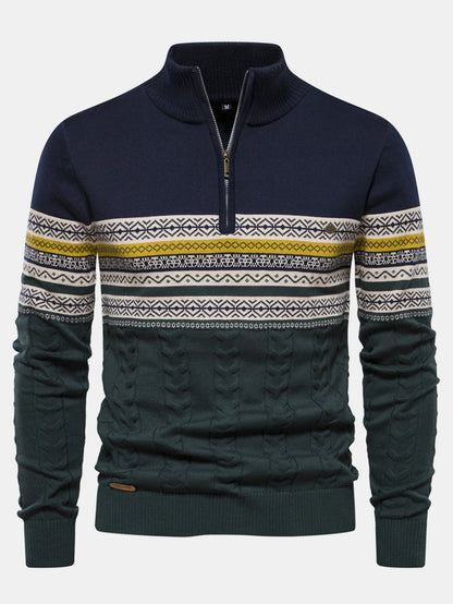Contrast Geometric Jacquard Quarter-Zip Sweater