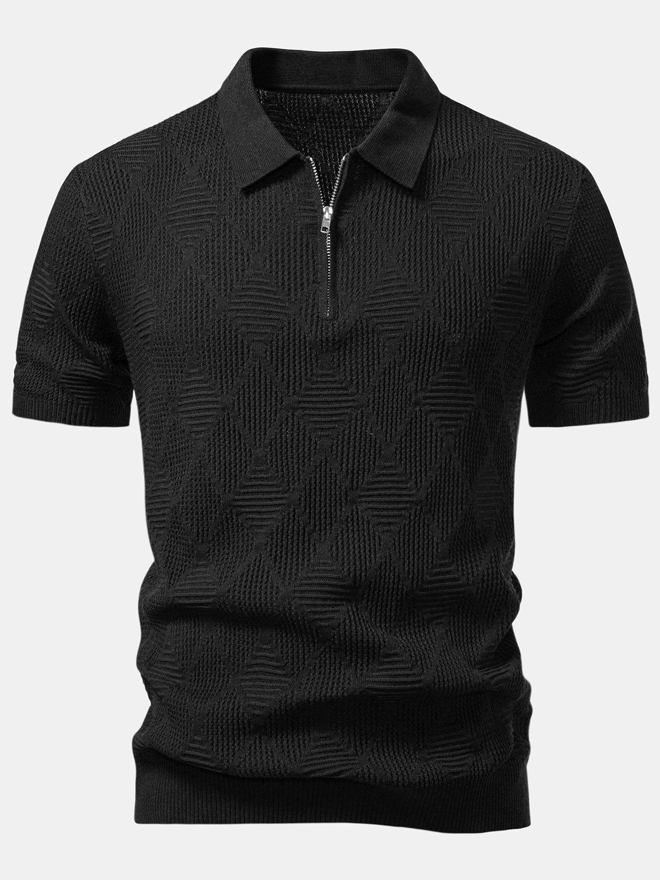 Rhombus Textured Zip Up Knitted Polo Shirt