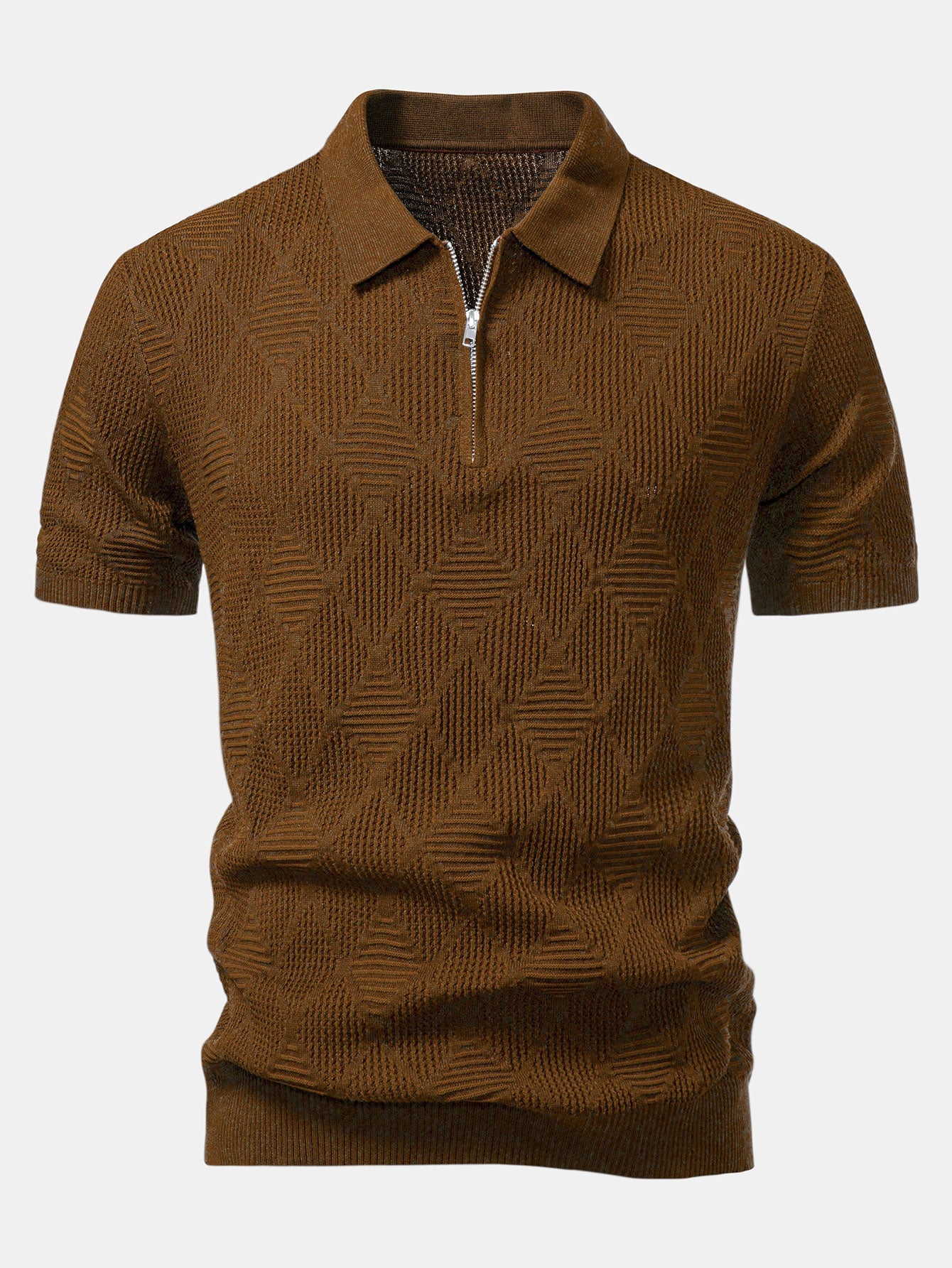 Rhombus Textured Zip Up Knitted Polo Shirt