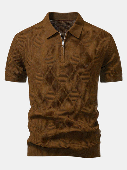 Rhombus Textured Zip Up Knitted Polo Shirt