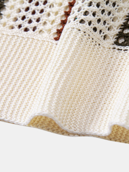 Striped Crochet V Neck Polo