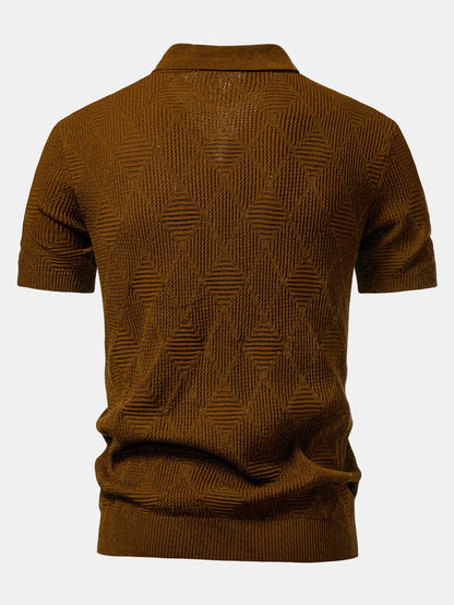 Rhombus Textured Zip Up Knitted Polo Shirt