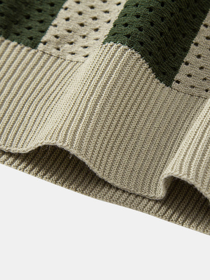 Striped Eyelet Knit Zip Up Polo Shirt