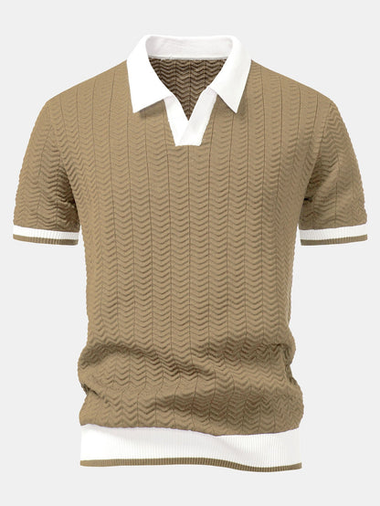 Texture Contrast Knitted V Neck Polo Shirt & Slim Fit Tapered Trousers