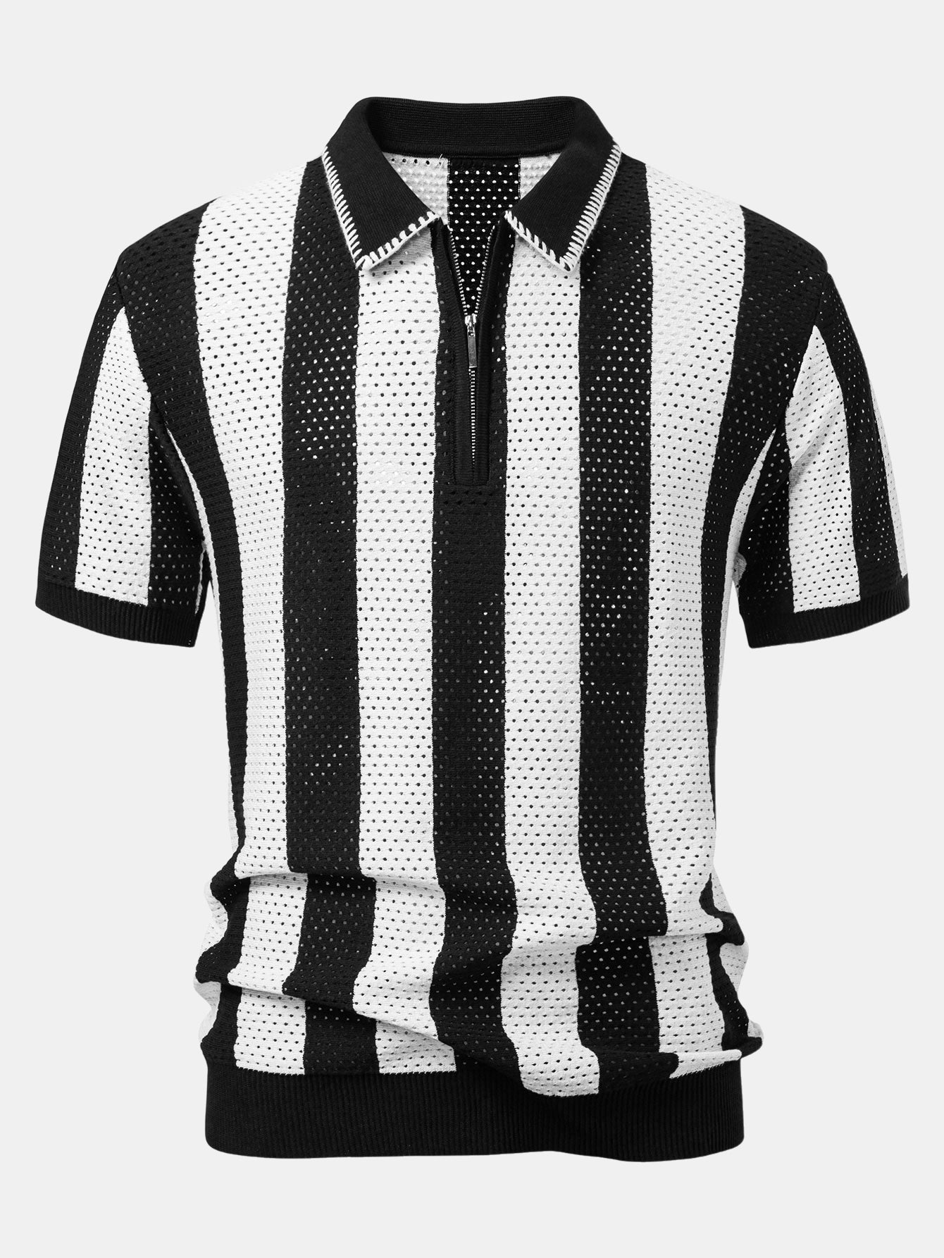 Striped Eyelet Knit Zip Up Polo Shirt