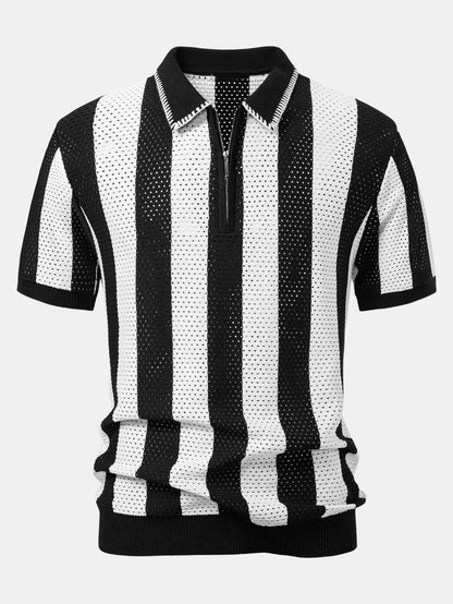Striped Eyelet Knit Zip Up Polo Shirt
