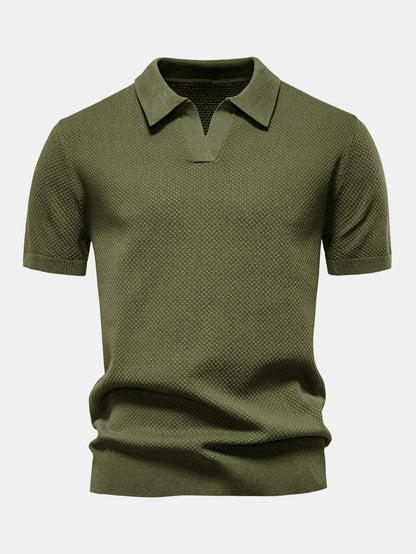 Pineapple Texture Knit V Neck Polo Shirt
