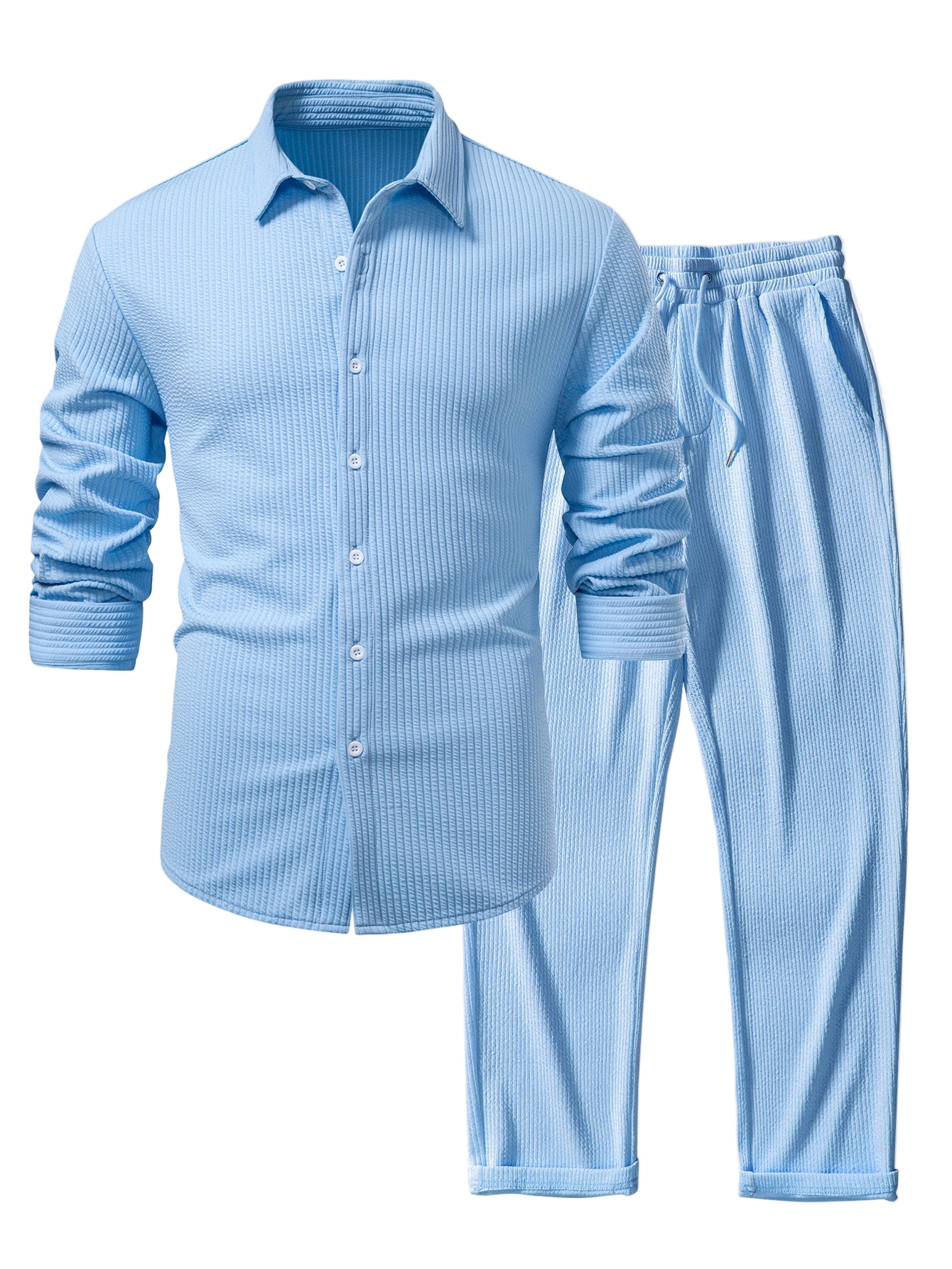 Long Sleeve Muscle Fit Ribbed Button Up Shirt & Straight Leg Ribbed Pants