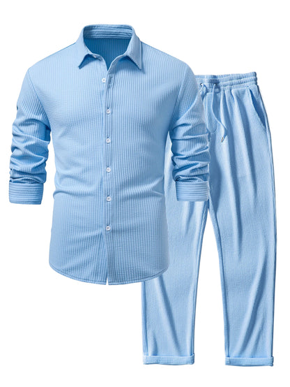 Long Sleeve Muscle Fit Ribbed Button Up Shirt & Straight Leg Ribbed Pants