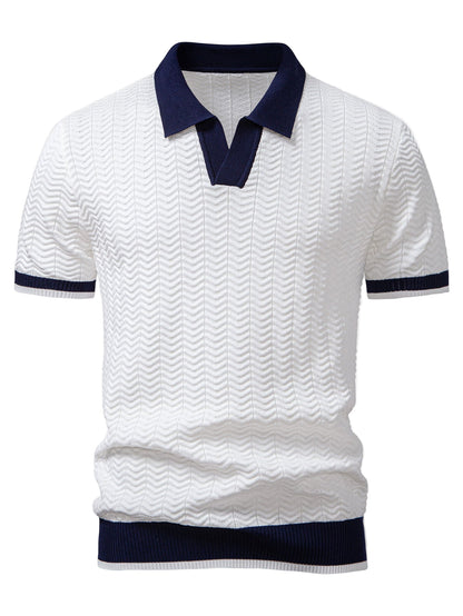 Texture Contrast Knitted V Neck Polo Shirt & Slim Fit Tapered Trousers