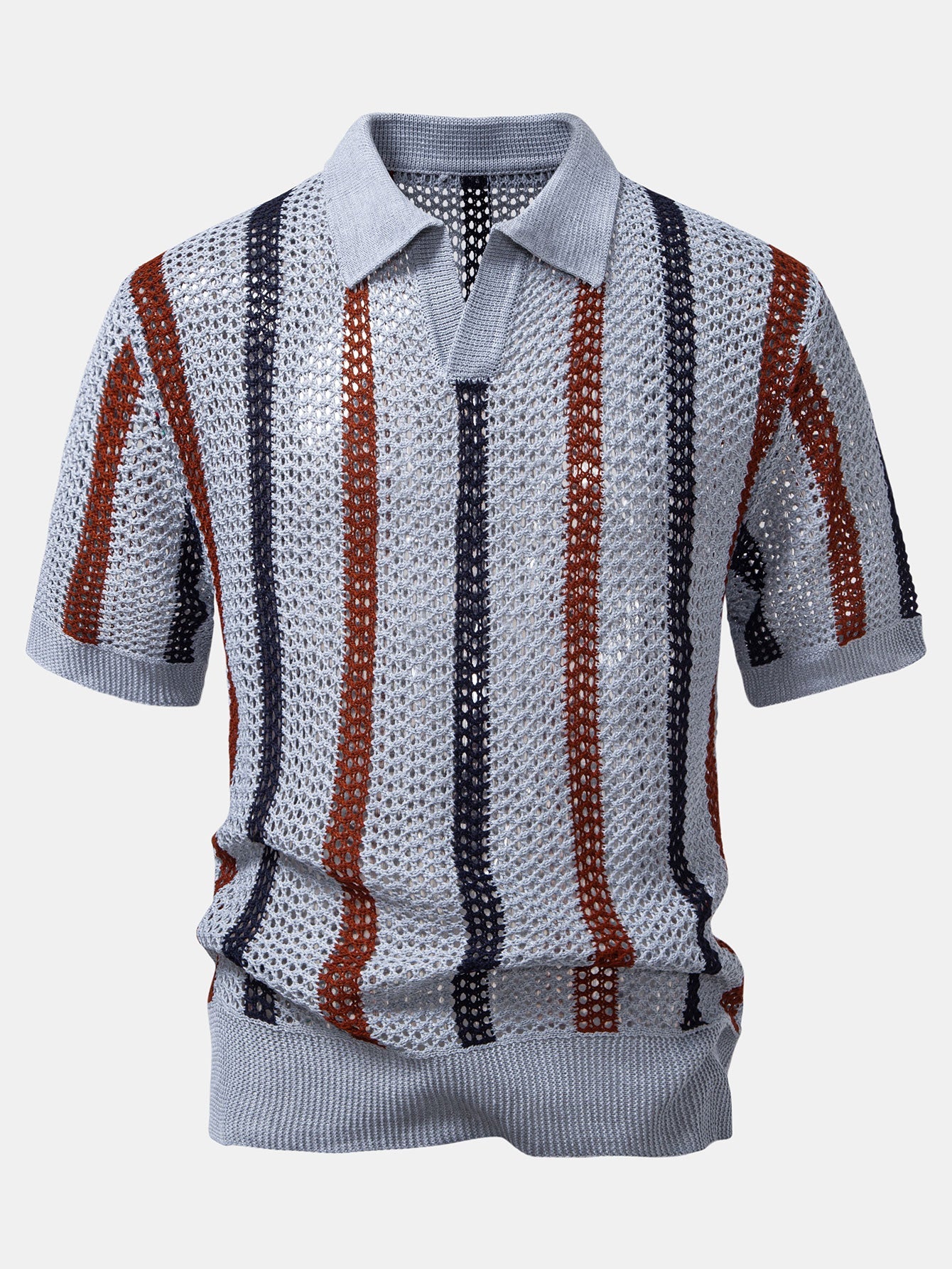 Striped Crochet V Neck Polo