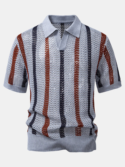 Striped Crochet V Neck Polo