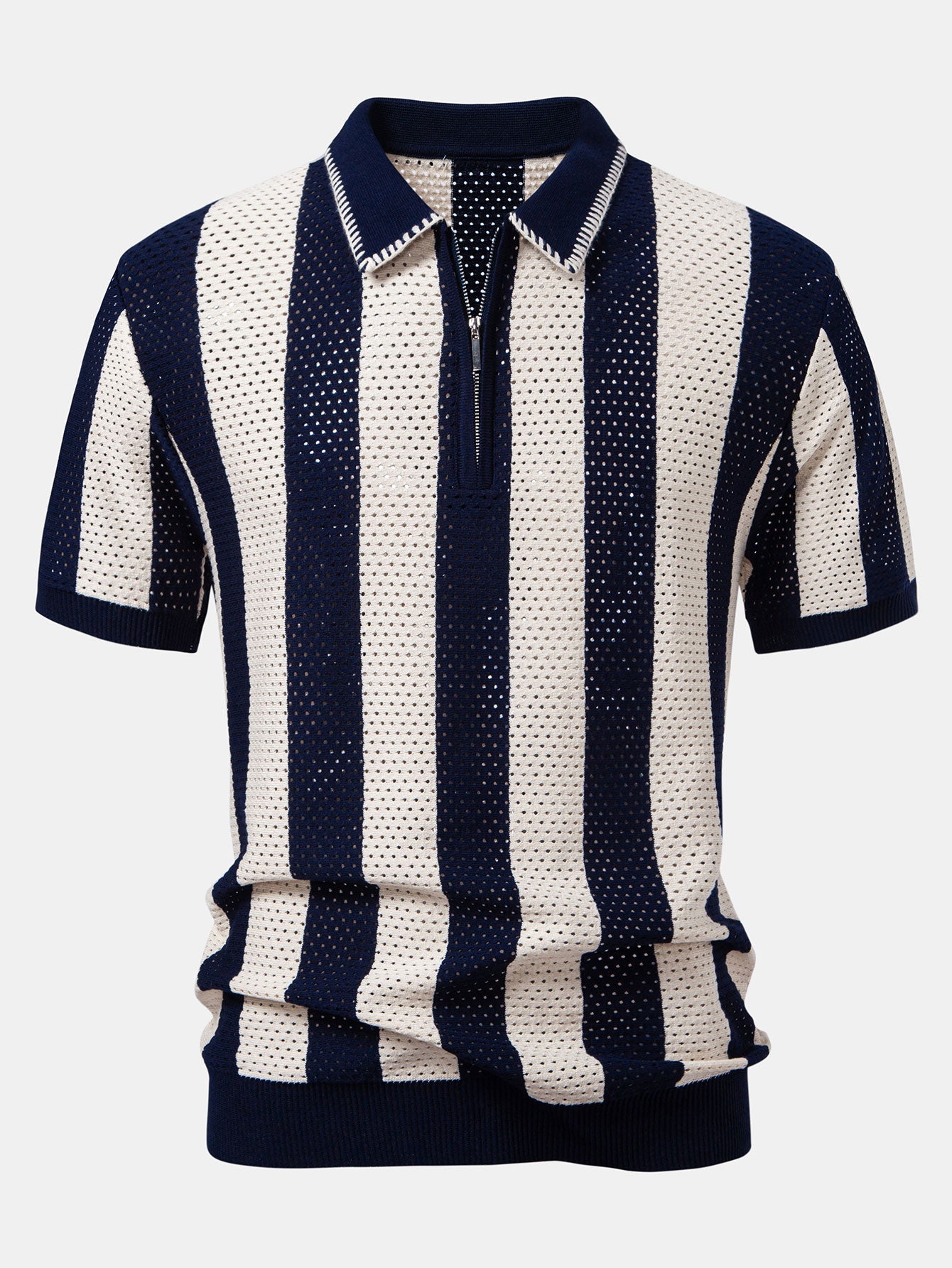 Striped Eyelet Knit Zip Up Polo Shirt