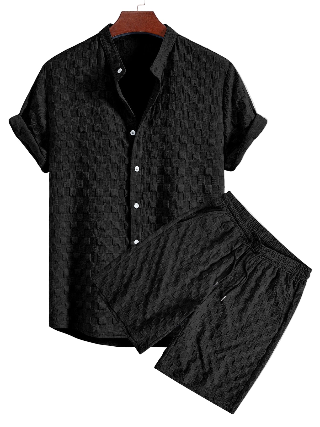 Checkerboard Jacquard Stand Collar Shirt & Checkerboard Jacquard Shorts