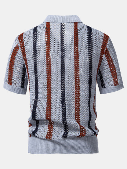 Striped Crochet V Neck Polo
