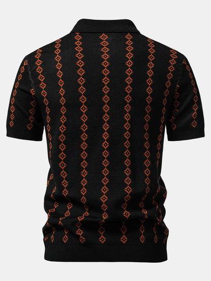 Geometric Knit V Neck Polo Shirt
