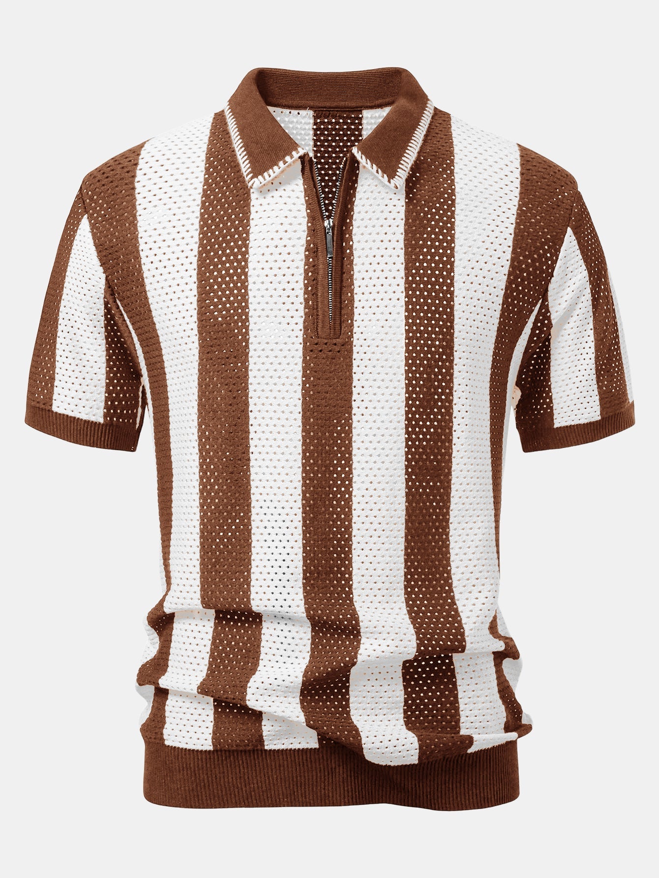 Striped Eyelet Knit Zip Up Polo Shirt