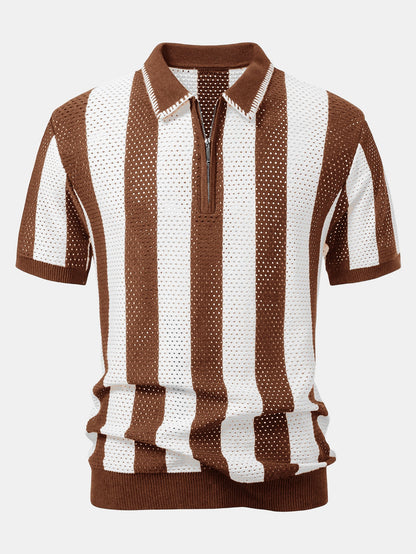 Striped Eyelet Knit Zip Up Polo Shirt