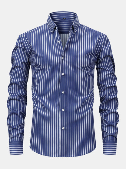 Long Sleeve Stripe Button Up Shirt & Elastic Waist Straight Leg Trousers