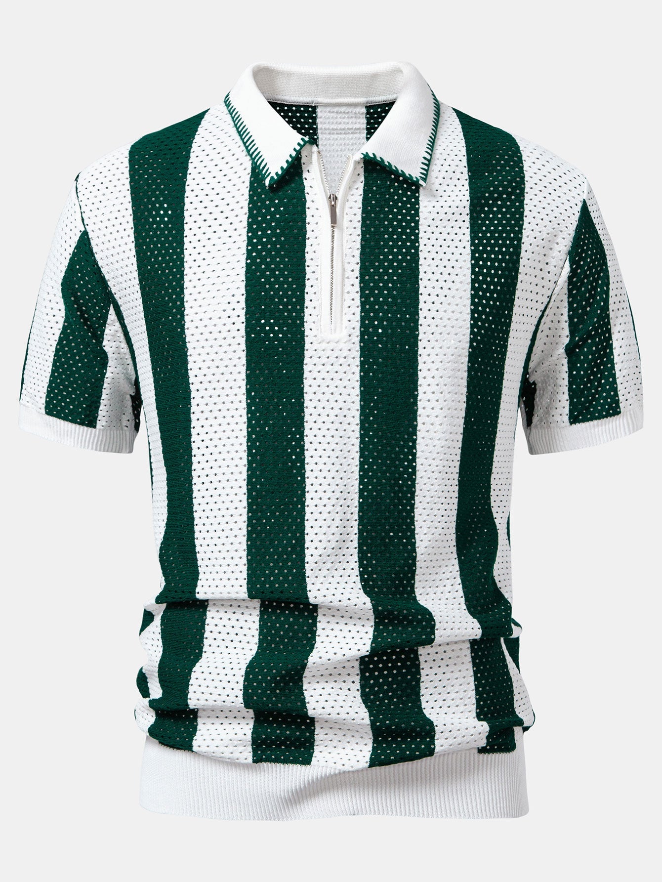Striped Eyelet Knit Zip Up Polo Shirt