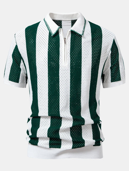Striped Eyelet Knit Zip Up Polo Shirt