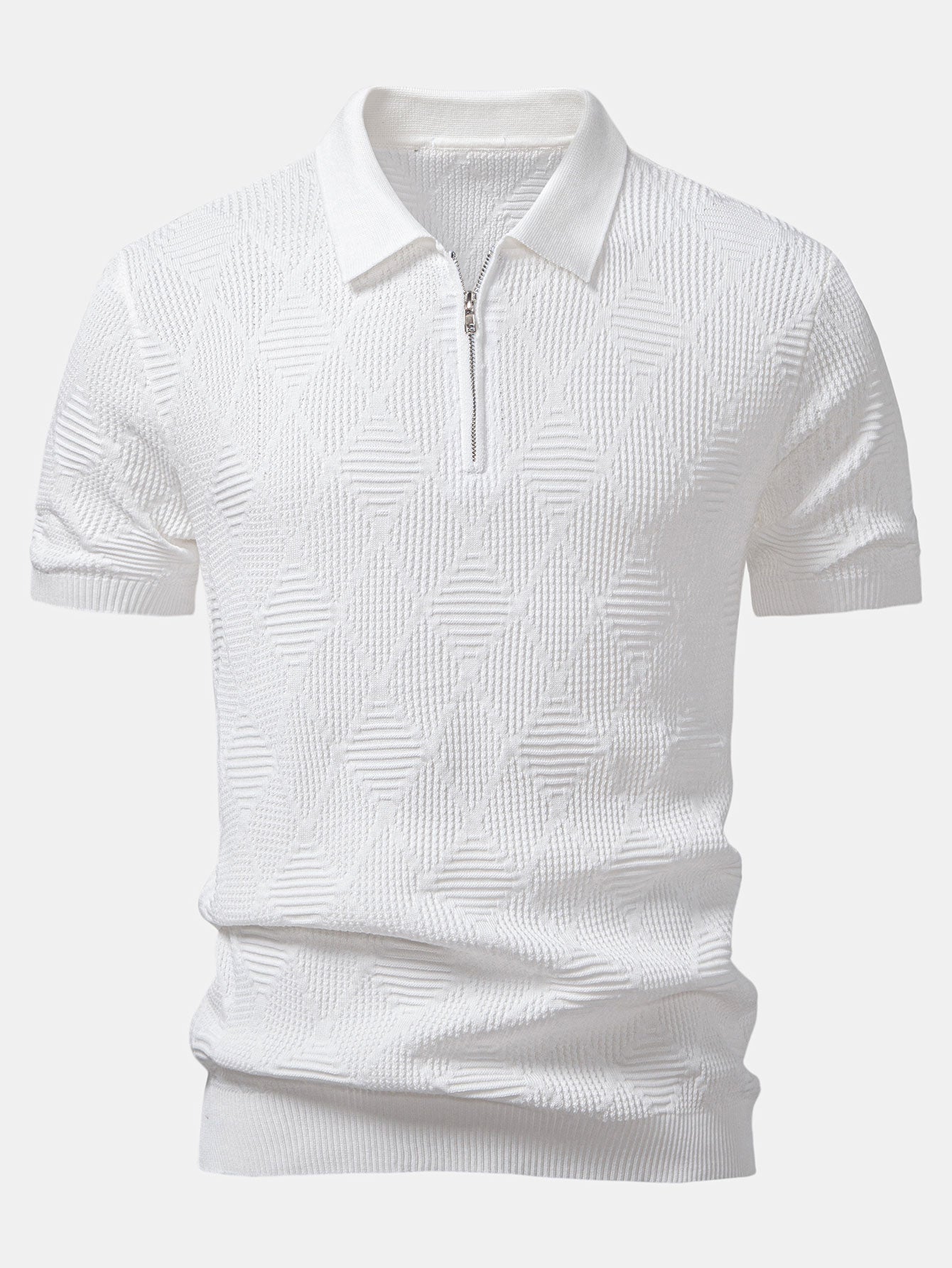 Rhombus Textured Zip Up Knitted Polo Shirt