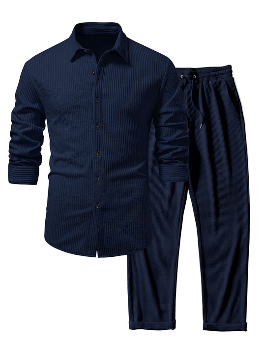 Long Sleeve Muscle Fit Ribbed Button Up Shirt & Straight Leg Ribbed Pants