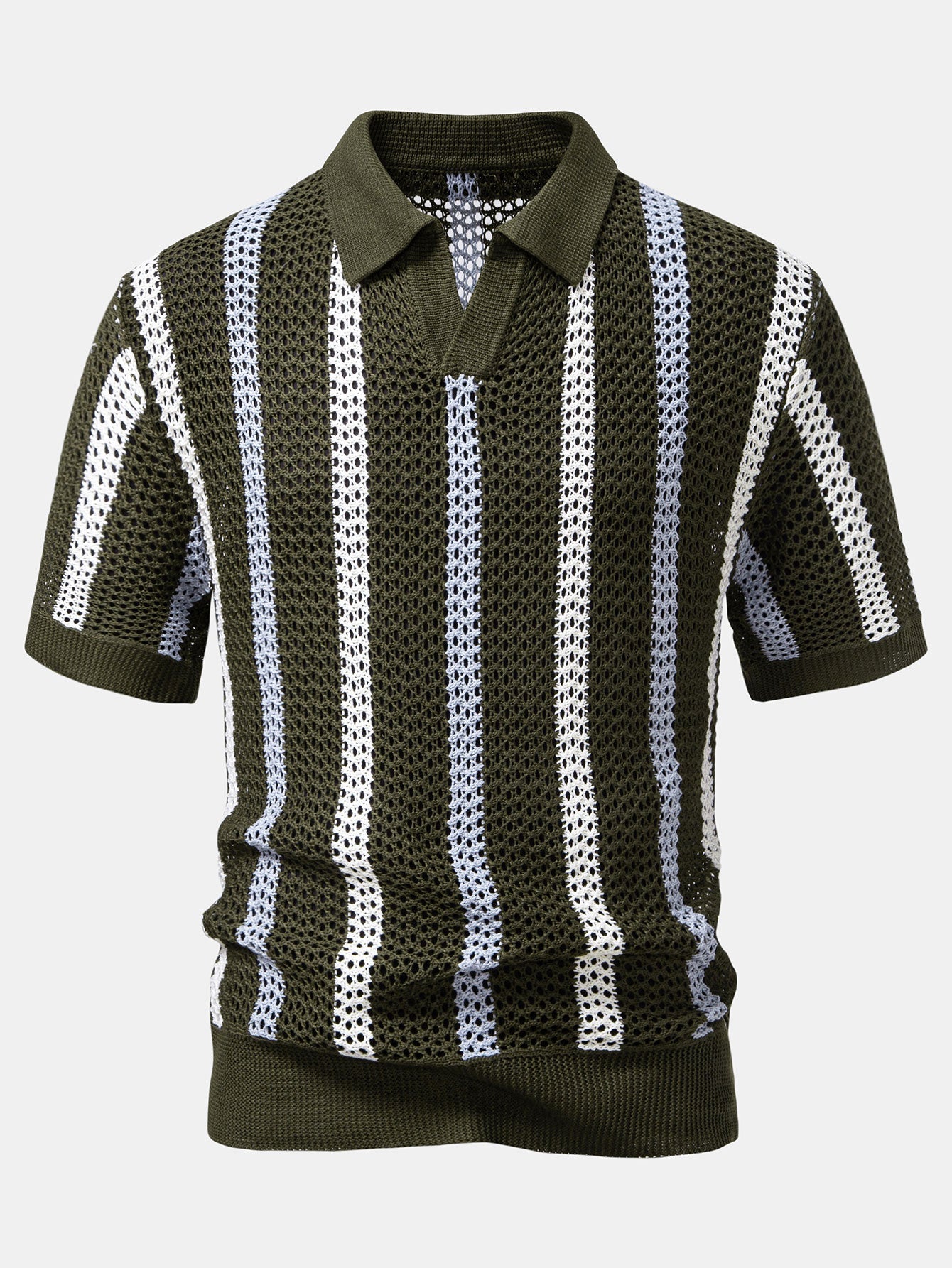 Striped Crochet V Neck Polo