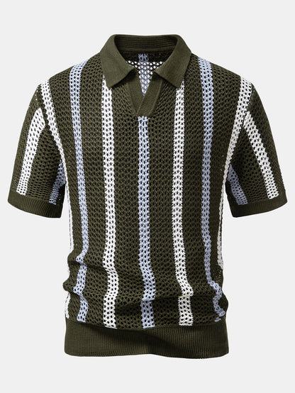 Striped Crochet V Neck Polo