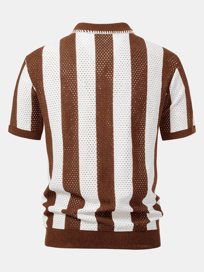 Striped Eyelet Knit Zip Up Polo Shirt