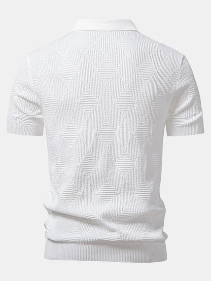 Rhombus Textured Zip Up Knitted Polo Shirt