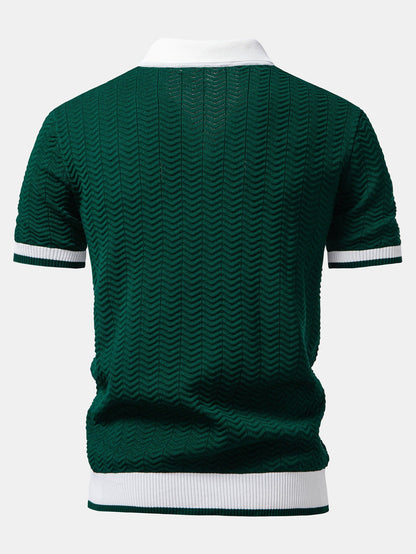 Texture Contrast Knitted V Neck Polo Shirt & Slim Fit Tapered Trousers