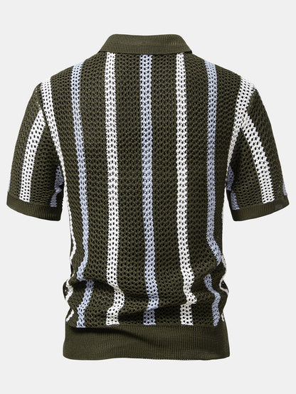 Striped Crochet V Neck Polo