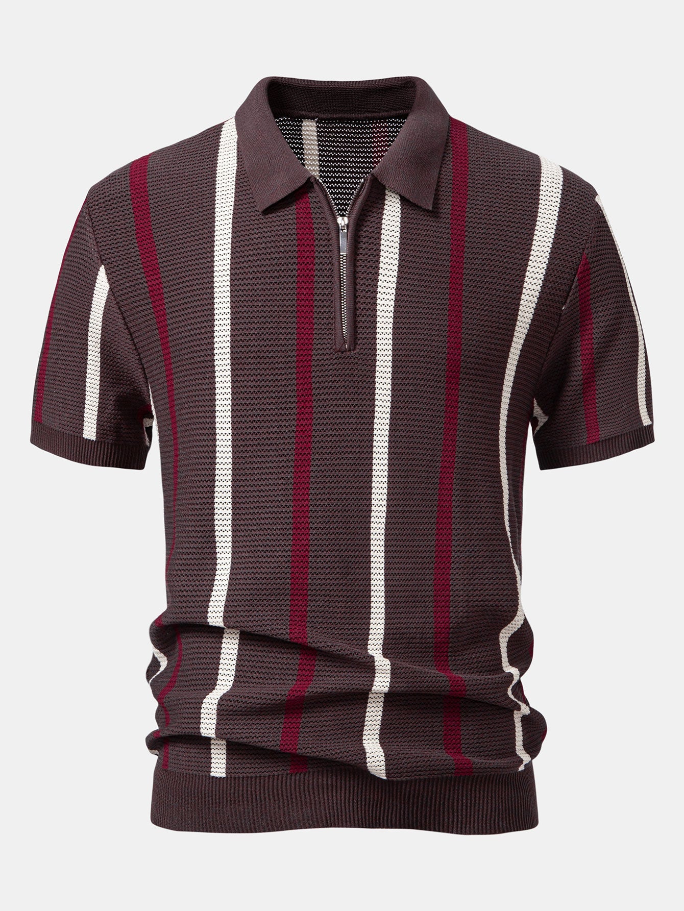 Striped Knit Zip Up Polo Shirt