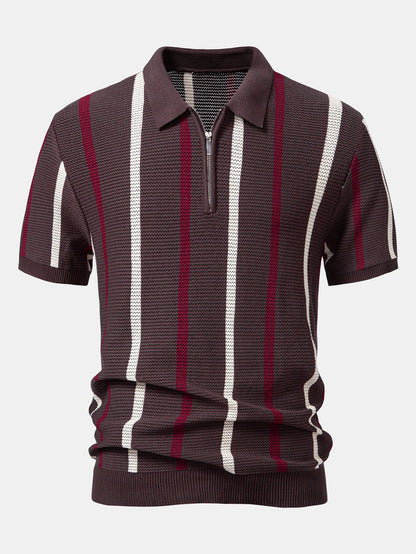 Striped Knit Zip Up Polo Shirt