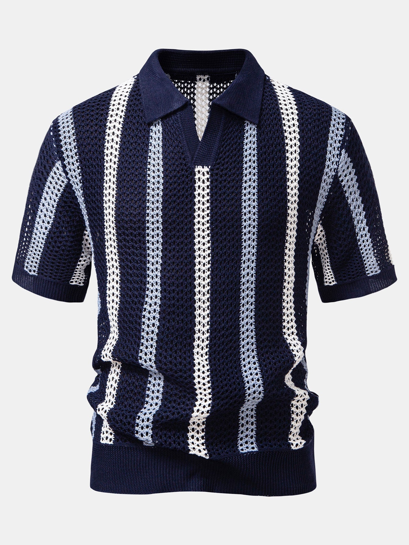 Striped Crochet V Neck Polo