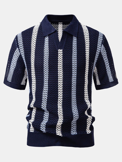 Striped Crochet V Neck Polo