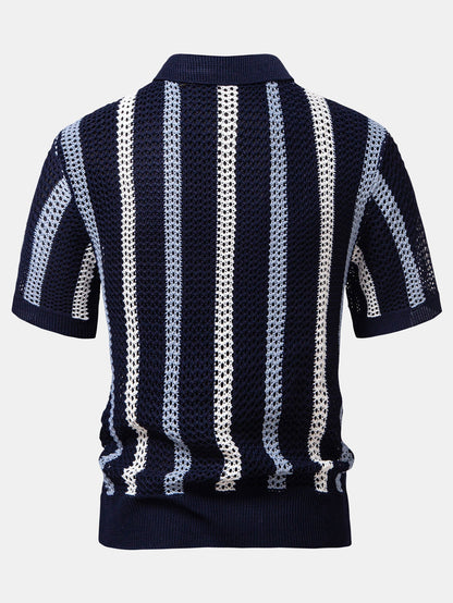 Striped Crochet V Neck Polo