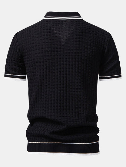 Wave Jacquard Zip Up Knitted Polo Shirt