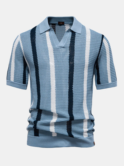 Stripe Knit V Neck Polo Shirt